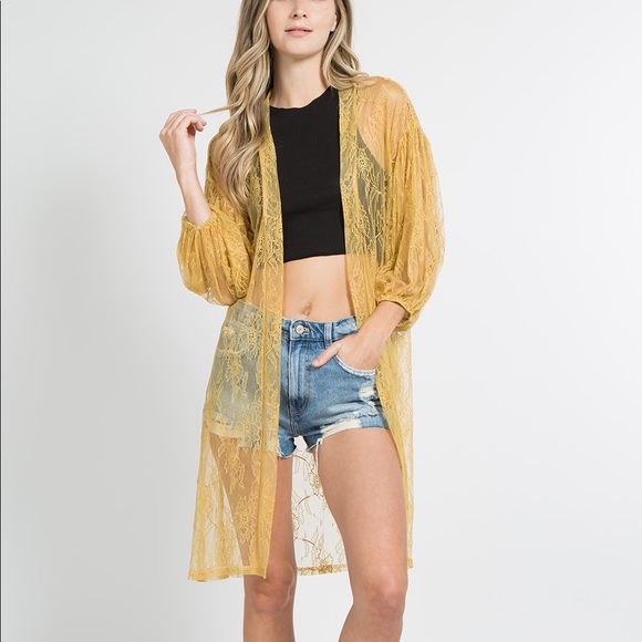 Mustard lace kimono open front midi length - Picture 2 of 7